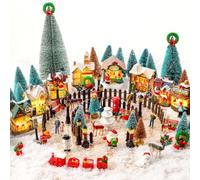 Fuutreo Juego de 100 piezas de pueblo de Navidad con iluminación LED, accesorios para casas de pueblo de Navidad con árbol de Navidad, figuras de farola, manualidades, escena de ciudad, ciervo