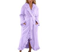 Fuzzy Robe Bathrobe Dressing Gowns Women Long Fluffy Coral Fleece Pajamas Soft Ruffle Fleece Bathrobe Cozy Warm Plush Thick Winter Robe with Pocket (Purple,L)