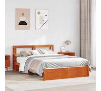 FWIKDUN Cama de madera estable con somier de láminas en color marrón cera, 140 x 200 cm, cabecero con estante para libros y más, estructura de cama de pino sin colchón, marco de cama de pino macizo