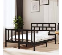 FWIKDUN Cama estable de madera maciza de pino de 135 x 190 cm en negro con cabecero y pie decorativos, robusta cama de madera de pino con vetas rústicas, marco de cama con cabecero cómodo