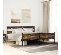 FWIKDUN Estructura de cama clásica de metal con espacio de almacenamiento debajo de la cama y somier de láminas resistente, cama de metal con cabecero y pie de madera de roble ahumado, 183 x 213 cm