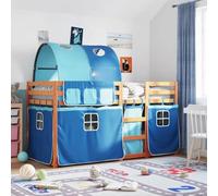 FWIKDUN Litera de madera de pino maciza con protección anticaída en azul, 80 x 200 cm, litera con cortinas y escalera para espacios pequeños como un refugio acogedor, estable con cortina