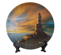 FWJZDSP decorativo de cerámica con paisaje, redondo decorativo con gaviota y faro, con soporte, adorno para colgar en la pared de la sala de estar, dormitorio, cocina u oficina, 15 cm (6 pulgadas)