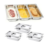 FxlStelrion 3 Piezas Recipientes Acero Inoxidable con Tapa, Cuencos para Empanar GN 1/3, 32,5 x 17,5 x 6,5 cm, Bandeja Alimentos Rectangular para Chuletas, Carne, Pescado, Frutas, Mariscos, Ensalada