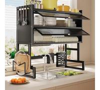 FYRDTNG Escurridor de Platos sobre Fregadero con Puertas de PC, Organizador de Cocina de Acero al Carbono, Estante Antipolvo Profesional, Almacenaje Compacto(Black,95cm/37.4in)
