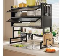 FYRDTNG Escurridor de Platos sobre Fregadero de 2 Niveles con Puertas, Organizador de Cocina de Acero al Carbono, Estante Antipolvo Profesional y Compacto(Black,95cm/37.4in)