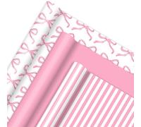 FYSUIMU 3 rollos de papel de regalo a rayas de lazo, mini rollo, 17 pulgadas x 32.8 pies, papel de regalo rosa y blanco, bonito papel de coqueta con lazo para suministros de embalaje de fiesta