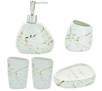 G Decor Juego de 5 Accesorios de baño de cerámica de mármol Blanco y Dorado, Incluye dispensador de jabón líquido o loción, Soporte para Cepillo de Dientes, Dos Vasos, jabonera