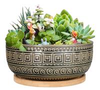 G EPGardening Macetero Redondo de cerámica para Plantas de Interior con Drenaje y Posavasos de bambú, 20 cm, Color Gris