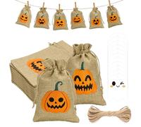 G2PLUS Bolsitas de Yute Halloween: 24 Bolsas de Regalo 10x15cm +24 Etiquetas Fantasma y Cuerda-Bolsas para Calendario de Adviento, Actividades Escolares, Trick or Treat
