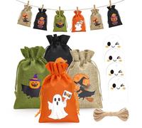 G2PLUS Bolsitas de Yute Halloween: 24 Bolsas de Regalo 13x18cm +24 Etiquetas Fantasma y Cuerda-Bolsas para Calendario de Adviento, Actividades Escolares, Trick or Treat