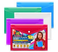 G4GADGET Carteras de plástico para documentos A5 con broche, paquete de 5 unidades, colores surtidos, impermeables, duraderas y transparentes, carpetas de archivos A5 para escuela, oficina, hogar y
