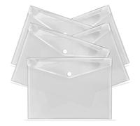 G4GADGET Carteras de plástico transparente A4, paquete de 5, carpetas de documentos con bolsillo para etiquetas y botón a presión, sobre de plástico transparente para el hogar, oficina, escuela y