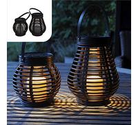 Gadgy Set de 2 Farolillos Solares Decorativos de Exterior Efecto Ratán Marrón - Lámparas LED Colgantes para Jardín, Terraza y Balcón - Iluminación Solar Automática Impermeable