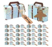 Gadpiparty Mini Caja de Obsequio Maleta Vintage de Papel Kraft Azul, 60 Unidades 8x5x3 Cm con Diseño de Mapa Global y Etiquetas de Avión y Llave, Adecuado para Dulces y Recuerdos en