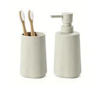 GAHEFY Juego de 2 accesorios de baño con dispensador de jabón de 250 ml y vaso para cepillo de dientes, diseño moderno de plástico ABS, para lavabo y bandeja de baño (beige)
