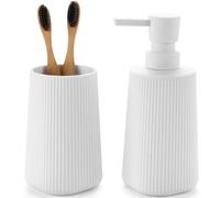GAHEFY Juego de accesorios de baño de 2 piezas, dispensador de jabón de 250 ml y vaso para cepillo de dientes, diseño moderno de plástico ABS, para lavabo y bandeja de baño (blanco)