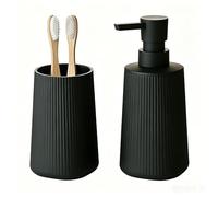 GAHEFY Juego de accesorios de baño de 2 piezas, dispensador de jabón de 250 ml y vaso para cepillos de dientes, diseño moderno de plástico ABS, para lavabo y bandeja de baño (negro)