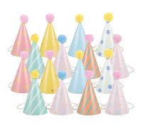 GALPADA 16 Piezas Sombreros de Fiesta de Cono para Cumpleaños de Papel Pompones Adorables y Varios Diseños, Ideales para Carnaval y Fiestas Infantiles