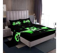 Gamer - Juego de sábanas bajeras para niños, niñas, adolescentes, juegos de videojuegos, juego de video, juego de cama, funda de cama con botones de acción y 1 sábana bajera, 1 funda de almohada