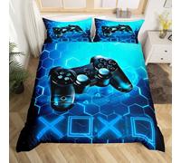 Gaming Funda Nórdica Niños Gamer Azul Videojuego Juego de Cama 135x200cm Juego de Consola de Nido de Abeja Decoración Dormitorio Set Geométrico Hexágono con 1 Funda de Almohada
