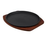 GANAZONO Elementos Esenciales de Cocina Sartén de Hierro Fundido Redondo 25cm Base de Madera para Barbacoa y Teppanyaki, Plancha para Carne y Filetes Diseño Compacto, Adecuado para Uso
