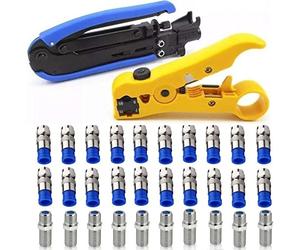 Gaobige Herramienta de compresión coaxial, kit de crimpadora de cable coaxial ajustable rg6 rg59 rg11 75-5 75-7 pelacables coaxiales con 20 conectores F macho y 10 conectores hembra a hembra rg6