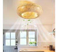 GaoHX Ventilador de Techo Rústicos con Jaula y Luz, Lámpara de Techo E27 Retro Luces de Bambú Ratán Tejida a Mano, Ventiladores Luces Colgante Reversible para Dormitorio Sala de Estar Cocina
