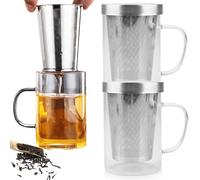 GAOUTO Juego de 2 tazas de té con colador, 500 ml, de acero inoxidable plateado, con asa y tapa de acero inoxidable, grandes vasos de té de vidrio de borosilicato, taza de té con tapa para bolsas de