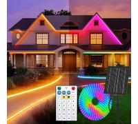 Gaoxun Tira LED Exterior Solar 10m, Flexible Lámparas Solares de Jardín Adhesiva con Control Remoto, Regulable, 19 Modos, 640 LED, IP68 Impermeable, para Patio, Fiesta, Multicolor & Blanco Cálido