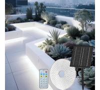 Gaoxun Tira LED Exterior Solar 15m, Flexible Luces Exterior Adhesiva con Control Remoto, Regulable, 8 Modos, IP68 Impermeable, 15 Metros 960 LED Lámparas Solares para Jardín, Café, Blanco Frío