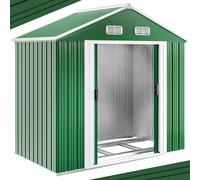 GARDEBRUK Caseta Jardín Acero Galvanizado 2m² XL con Base Metálica Verde | 200x135x190cm, Resistente Intemperie, Puerta Corredera Doble, Rejilla Ventilación, Techo Dos Aguas, 4 Ganchos, Patio, Terraza