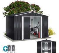 GARDEBRUK Caseta Jardín Metálica 5m² con Base Antracita | 9m³, Puerta Corredera, Techo Dos Aguas, Acero Galvanizado, Resistente Intemperie, 4 Ganchos, Almacenamiento, Herramientas