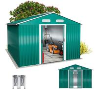 GARDEBRUK Cobertizo de Jardín 8m² con Base Caseta Metálica Verde | 312x257x178cm, 15m³, Puerta Corredera, 4 Ganchos, Rejillas Ventilación, Tejado Dos Aguas, Candado, Resistente Intemperie