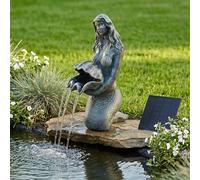 Gárgola solar con bomba - Figura de estanque de sirena con bomba solar y fuente de agua - Decoración de jardín de poliresina en aspecto de bronce - Fuente solar para estanque de jardín y curso de agua