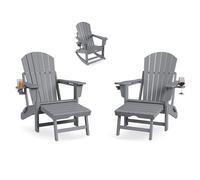 Garvee Adirondack Mecedora para jardín y terraza, plegable, con reposapiés extensible, 2 soportes para bebidas, HDPE resistente a la intemperie, incluye otomana, juego de 2 unidades