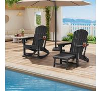 Garvee Adirondack - Mecedora plegable para jardín y terraza, con reposapiés extensible, 2 soportes para bebidas, HDPE resistente a la intemperie, incluye juego de 4 otomanos