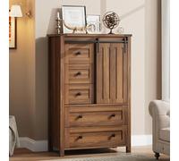 Garvee Amplio almacenamiento y elegancia clásica - Cómoda de 5 cajones estilo granja, mueble alto de 48'' con puerta corredera tipo granero, estante ajustable para dormitorio, recibidor, sala o cocina