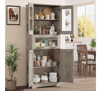 Garvee Armario Alto de Cocina, 170 x 30 x 60cm, Alacena de Cocina con Puertas de Cristal y Estantes Ajustables, Mueble Auxiliar De Cocinas Multifuncional para baño, Moderno en Madera Robusta, Gris