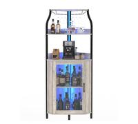 Garvee Armario de Vino Esquinero con Luces LED, Mueble Bar Industrial de 5 Niveles, Toma de Carga Lateral, Puerta de Vidrio, estantes Ajustables y Soporte para Copas, Ideal para salón o Comedor, Gris
