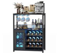 Garvee Armario para Vino Industrial con LED, Mueble Bar con Estante Ajustable 12 Botellas, Soporte para Copas, Puerta de Vidrio y Rejilla Metálica, para Cocina, Comedor o Salón, Negro 69 x 35 x 92 cm