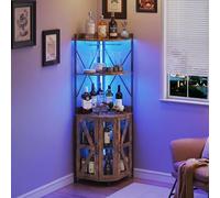 Garvee Armario para Vinos Esquinero con Enchufe, Mueble Bar Industrial con Luces LED 12 Colores y Portacopas, Botellero con Puerta de Malla, 5 Niveles para Salón, Cocina y Comedor, 180 cm