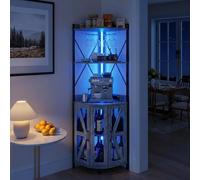 Garvee Armario para Vinos Esquinero con Enchufe, Mueble Bar Industrial con Luces LED 12 Colores y Portacopas, Botellero Vitrina con Puerta de Malla, 5 Niveles para Salón, Cocina y Comedor, 180 CM al.