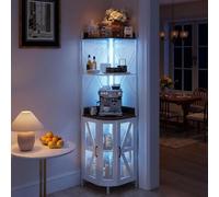 Garvee Armario para Vinos Esquinero con Enchufe, Mueble Bar Industrial con Luces LED 12 Colores y Portacopas, Botellero Vitrina con Puerta de Malla, 5 Niveles para Salón, Cocina y Comedor, 180 CM al.