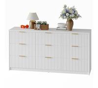 Garvee Cómoda Ancha Moderna Acanalada para Dormitorio - 9 cajones, Gran Capacidad, Tiradores metálicos y Kit antivuelco - para salón/recibidor/Pasillo - Blanco, Ranura Ancha (9-Drawer Wide Groove