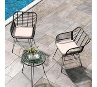 Garvee Conjunto bistró de 3 Piezas para Exterior - 2 sillas de ratán con Cojines Desmontables y Mesa de Vidrio, Resistente a la Intemperie, fácil de Limpiar, Compacto - para balcón, Patio o terraza -