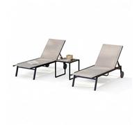 Garvee Conjunto de Jardín de 3 Piezas con 2 Tumbonas de Gravedad Cero Reclinables y 1 Mesa Auxiliar Plegable para Exterior de Hierro y Textileno Acolchado con Reposacabezas, Marrón, 165x65x110cm
