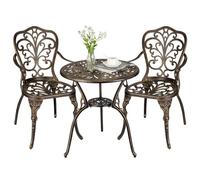 Garvee Conjunto de Terraza de 3 Piezas, Juego de Mesa Bistró y 2 Sillas de Exterior en Aluminio Fundido con Diseño de Fénix, Muebles de Jardín Resistentes a la Intemperie con Agujero para Sombrilla