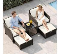 Garvee Conjunto De Salón De Jardín 5 Piezas En Ratán PE - Sillas con Reposapiés, Mesa De Cristal Templado - Cojines Acolchados, Mobiliario Resistente Terraza, Balcón y Jardín, Color Beige