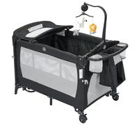 Garvee Cuna de viaje multifuncional 5 en 1 para bebé - Plegable y portátil con colchón, ruedas con freno, doble altura, cambiador, móvil musical, moisés, laterales de malla transpirable - Hasta 15 kg